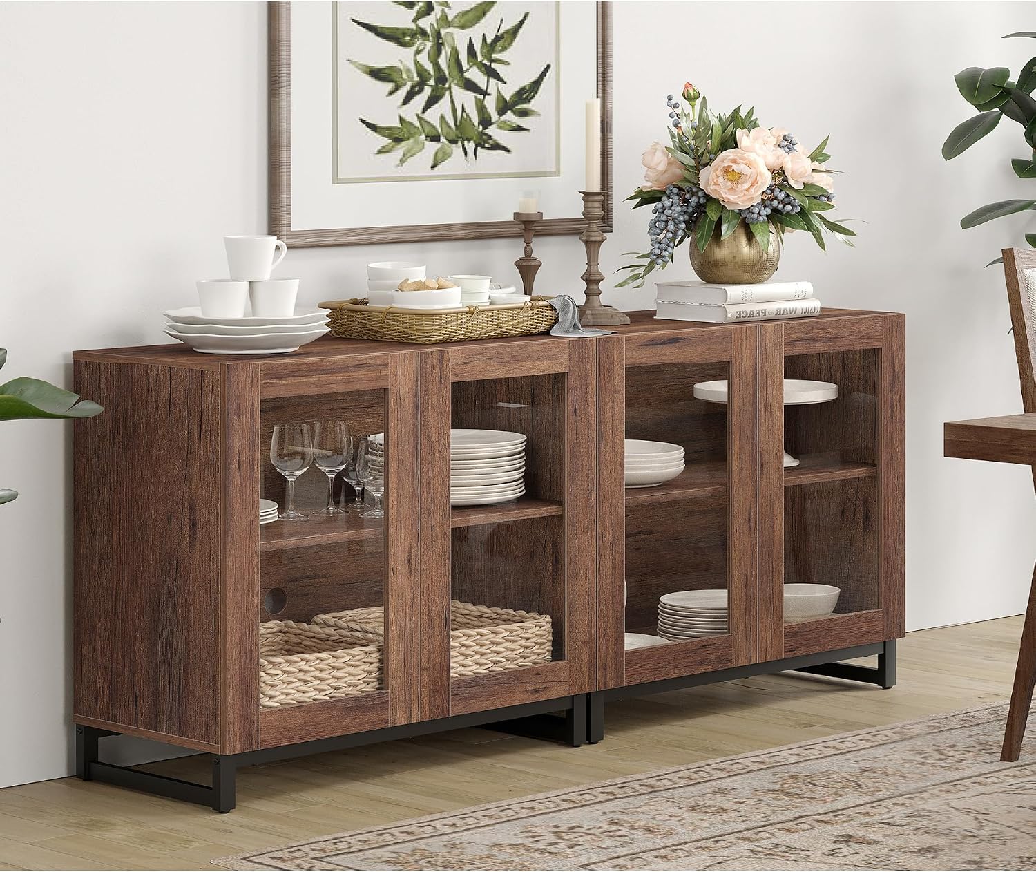 WAMPAT Sideboard Buffet Cabinets, Modern Credenza Sideboard with Adjustable Shelf and Metal Base, Coffee Bar Cabinet Accent Storage Cabinet for Living Room, Kitchen, Brown-A, 2 Pcs
