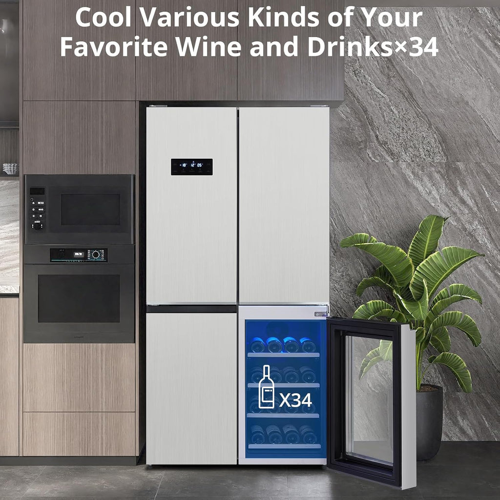 GarveeLife 36 In French Door Refrigerator, 21 Cu.Ft. Counter Depth Refrigerator Bottom Freezer with Wine Cabinet, Stainless Steel 4 Doors Fridges Kitchen Freezer, Adjustable Shelves