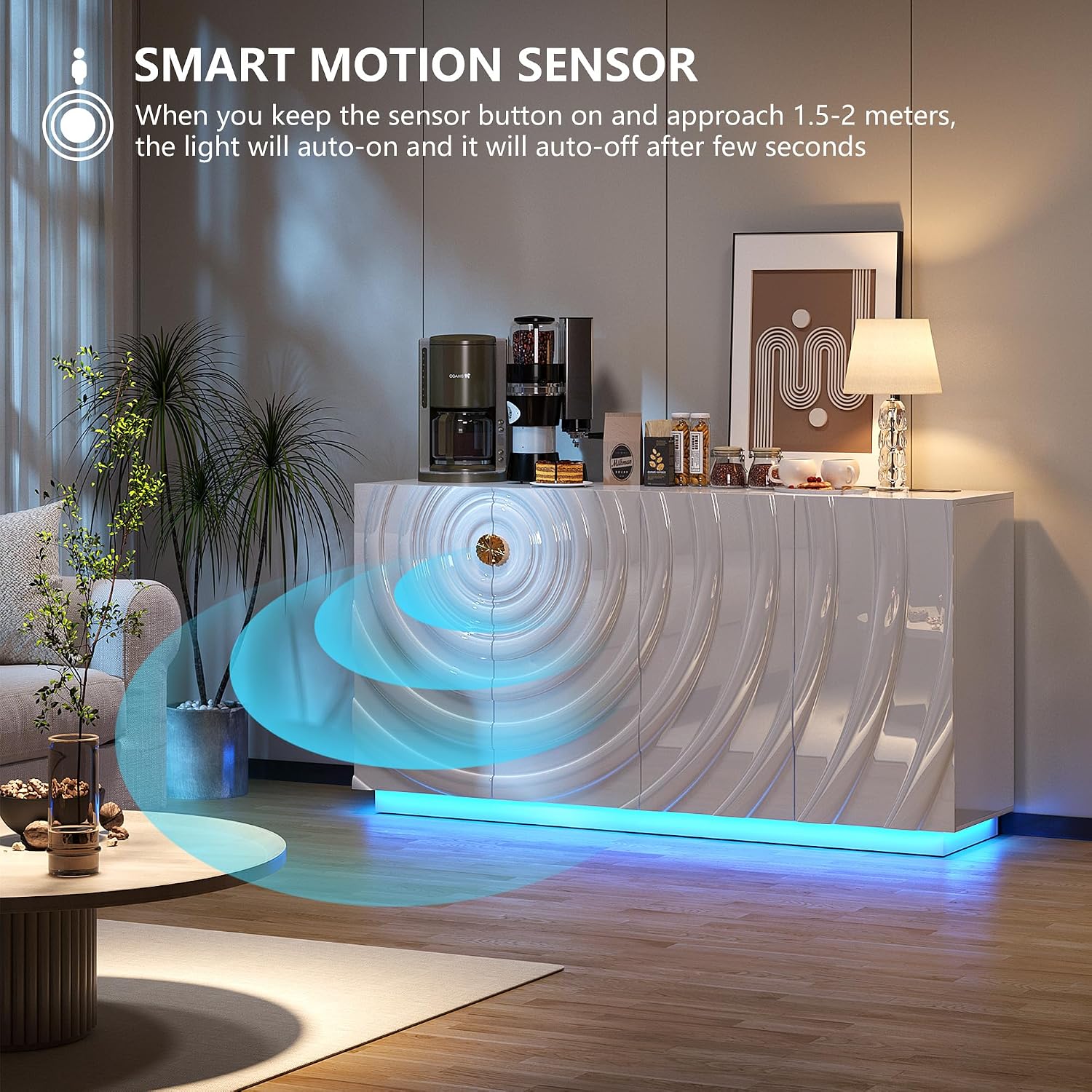 LVSOMT 63' High-Gloss Sideboard Buffet Cabinet with Storage, Large Coffee bar Cabinet with RGB Lights and Power Outlet, Modern Console with 4 Doors for Kitchen and Living Room, White