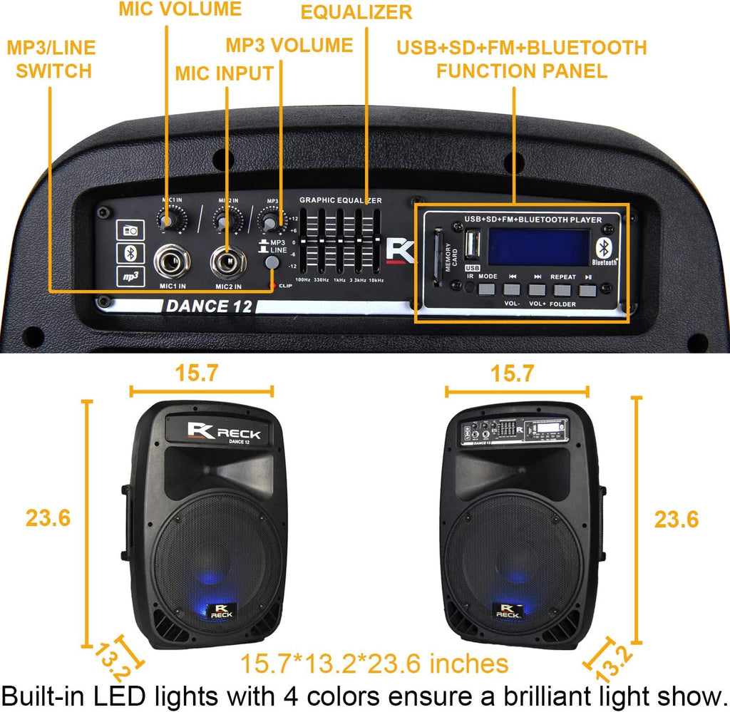RECK DC 12 Portable 12-Inch 1000 Watts 2-Way Powered Dj/PA Speaker System Combo Set with Bluetooth/USB/SD Card Reader/FM Radio/Remote Control/Speaker Stand/Wired mic