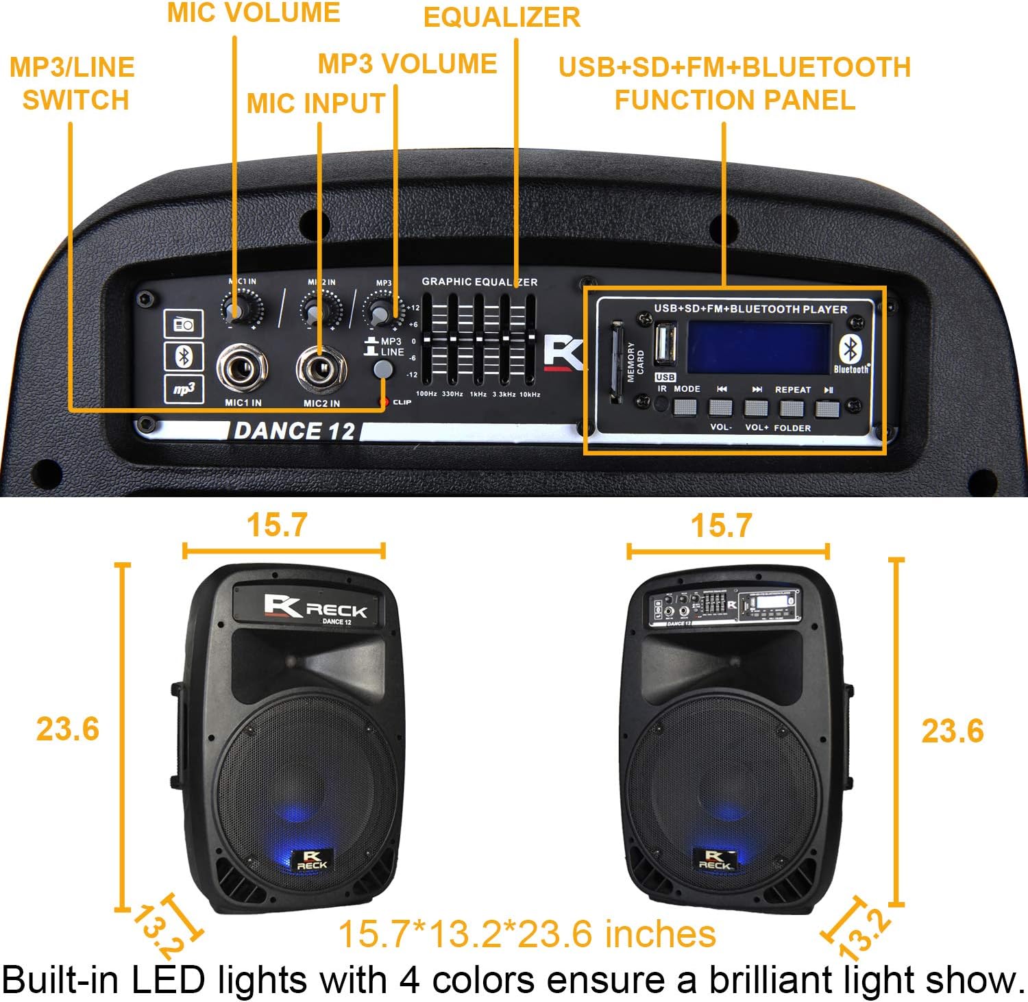 RECK DC 12 Portable 12-Inch 1000 Watts 2-Way Powered Dj/PA Speaker System Combo Set with Bluetooth/USB/SD Card Reader/FM Radio/Remote Control/Speaker Stand/Wired mic