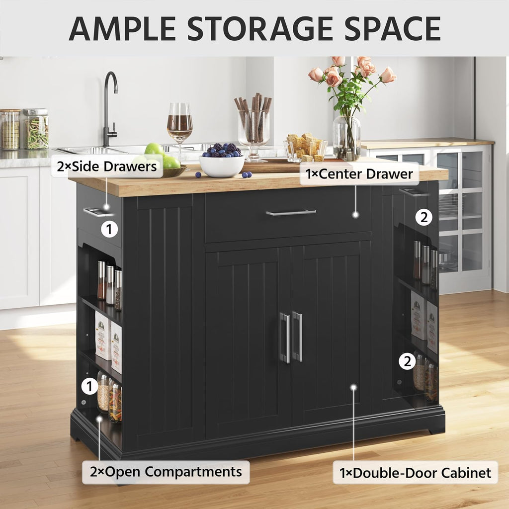 Yaheetech Kitchen Island on Hidden Wheels, Rolling Kitchen Cart with Thicker Rubberwood Top & 3 Drawers & Open Shelves, Storage Cabinet with Adjustable Shelves for Dining Room, 46″L × 22″W, Black