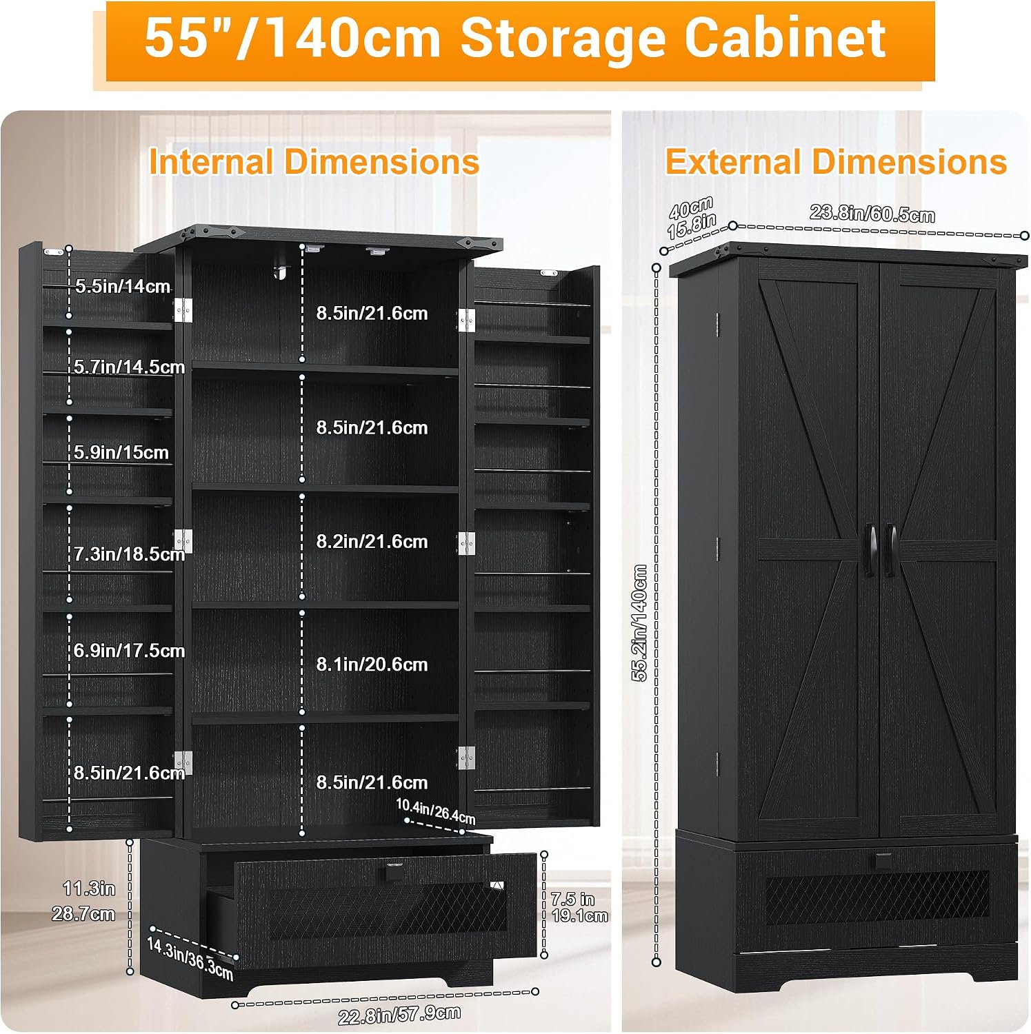 kepptory Kitchen Pantry Cabinet, Pantry Storage Cabinet with Adjustable Shelves and Drawer, Kitchen Buffet Cupboards Storage Shelf for Home Office Use (Black, 16' D x 24' W x 55' H)