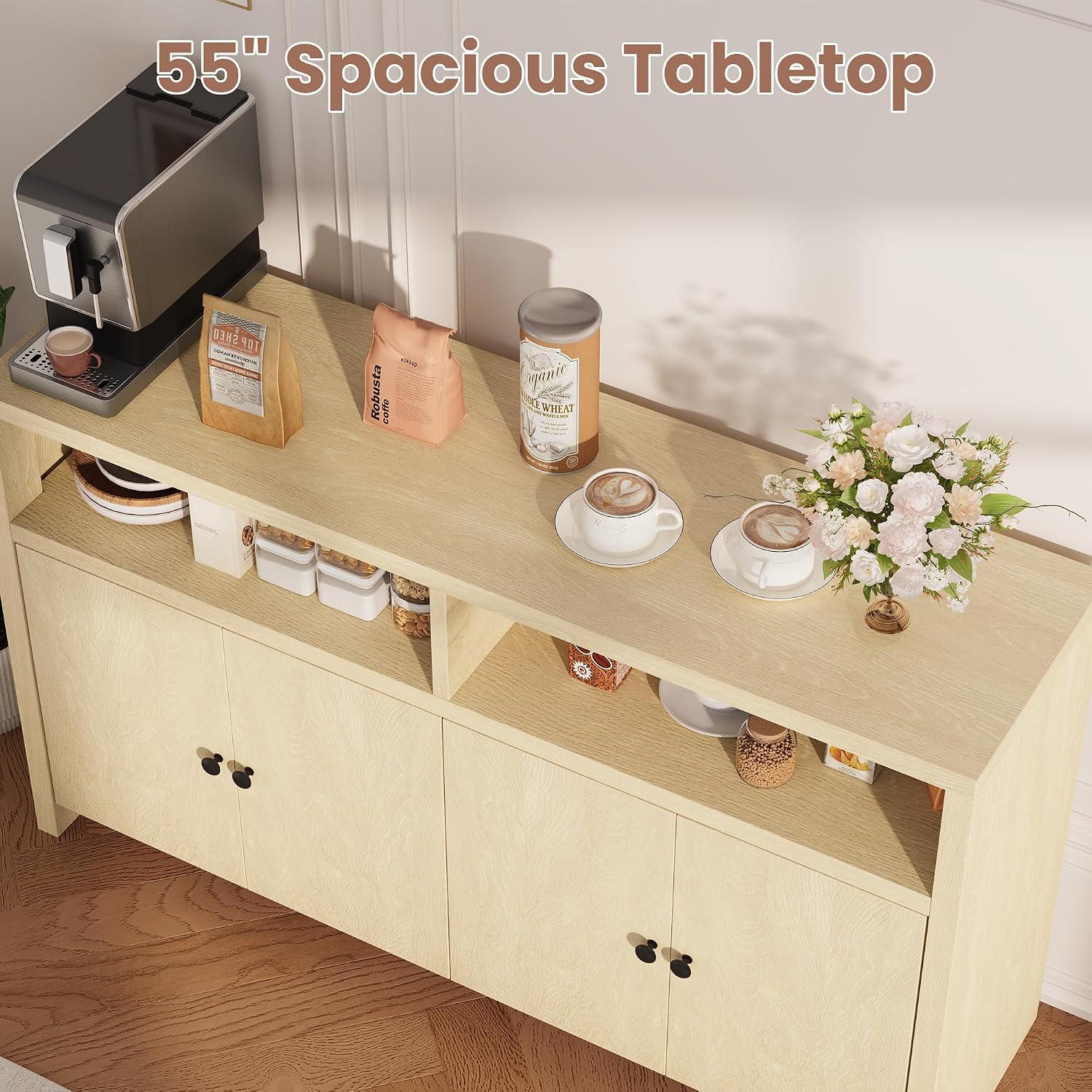 Garvee Sideboard Buffet Cabinet with Storage, 55'' Large Farmhouse Kitchen Storage Cabinet with 4 Doors & Adjustable Shelves, Wood Coffee Bar Cabinet for Kitchen Dining Room Entryway Living Room, Oak