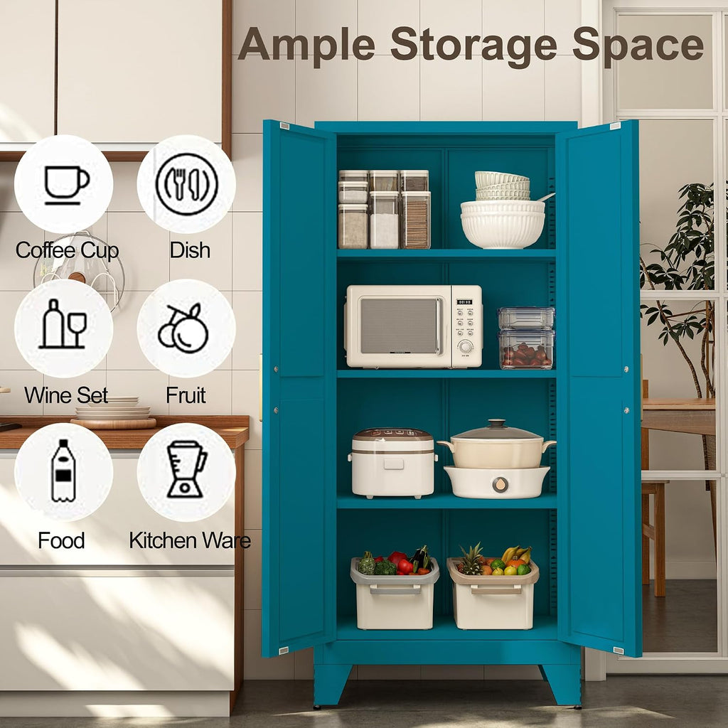 Baborokic 61H Metal Storage Cabinet with 2 Doors and Adjustable Shelves,Farmhouse Storage Cabinet with Barn Doors,Pantry Storage for Home,Office,Dining Room,Kitchen(Blue)
