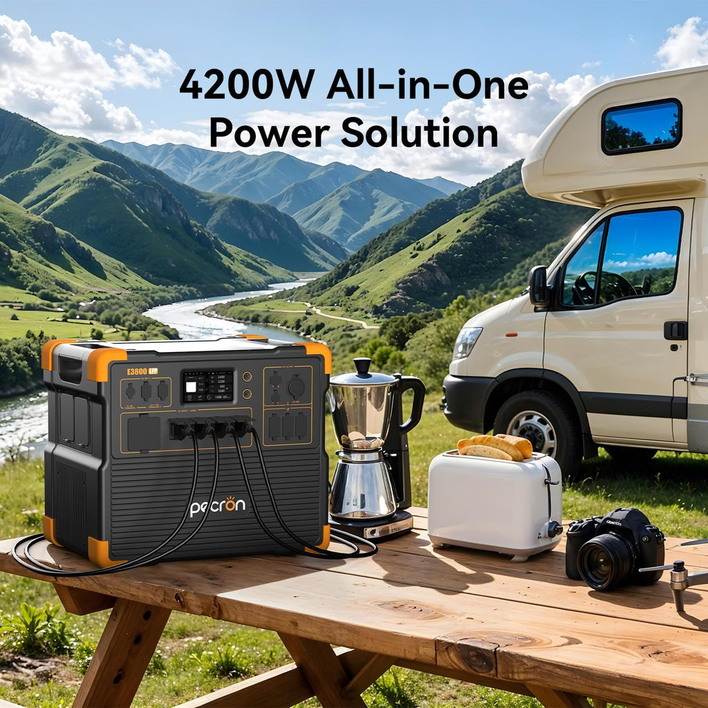 PECRON Portable Power Station E3800 LFP with 2x200W Solar Panels, 3840Wh LiFePO4 Battery Backup, 4200W Solar Generator, Expandable to 53.76kWh Power Station, Fast Charging for Home Emergency, Camping