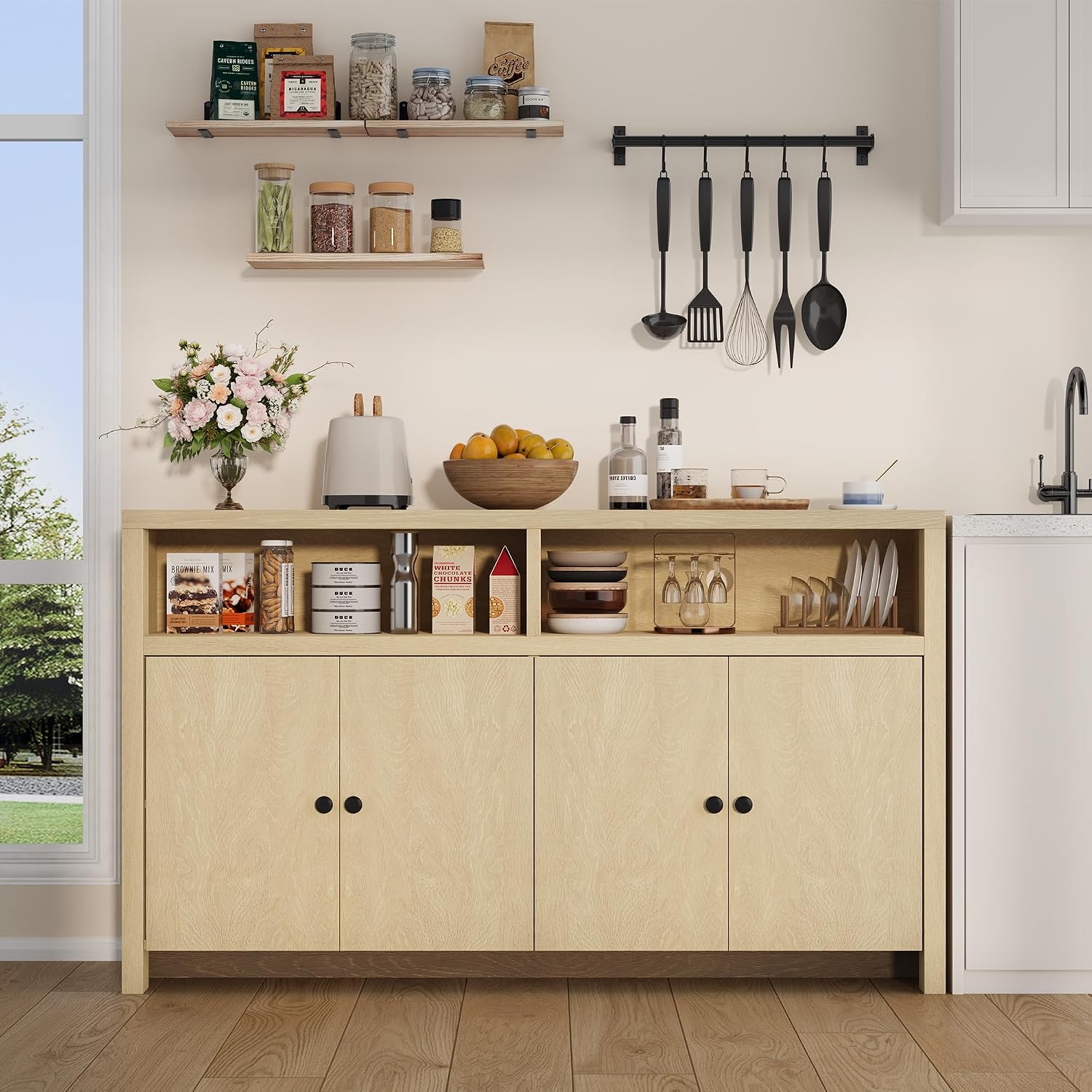 Garvee Sideboard Buffet Cabinet with Storage, 55'' Large Farmhouse Kitchen Storage Cabinet with 4 Doors & Adjustable Shelves, Wood Coffee Bar Cabinet for Kitchen Dining Room Entryway Living Room, Oak