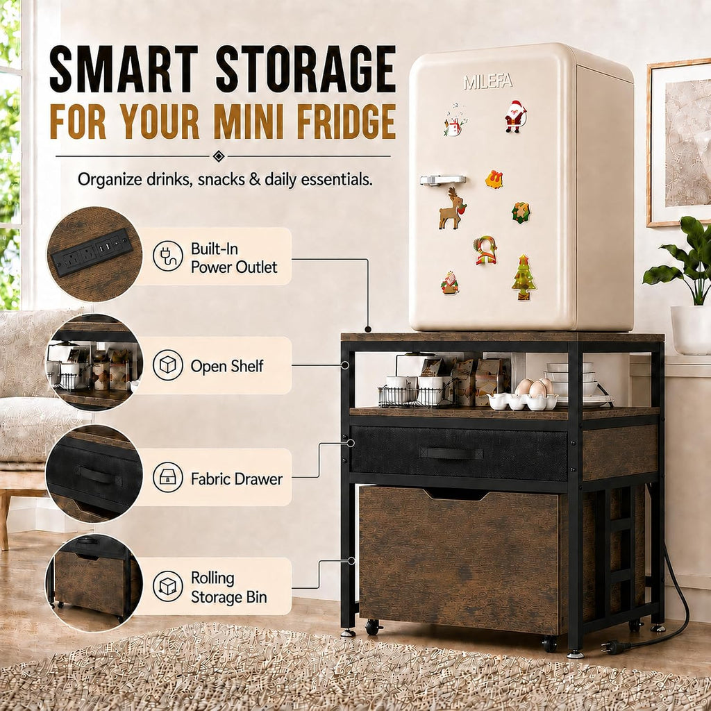 Mini Fridge Stand with Storage Drawer for Dorm Room, 220 lb Heavy Duty Refrigerator Stand with Power Outlet and Pull-Out Basket, Small Fridge Table for Apartment, office, Kitchen, Retro Brown