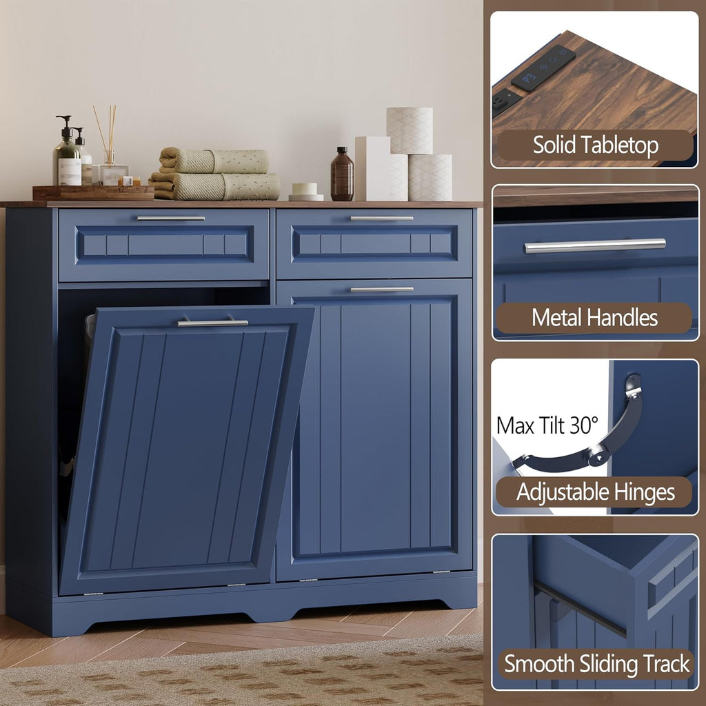 2 x 10 Gallon Double Tilt Out Trash Can Cabinet with Deodorizing Function & Charging Station, Hidden Laundry Hamper Cabinet with Storage Drawers, Garbage Can Holder for Kitchen, Bathroom, Blue