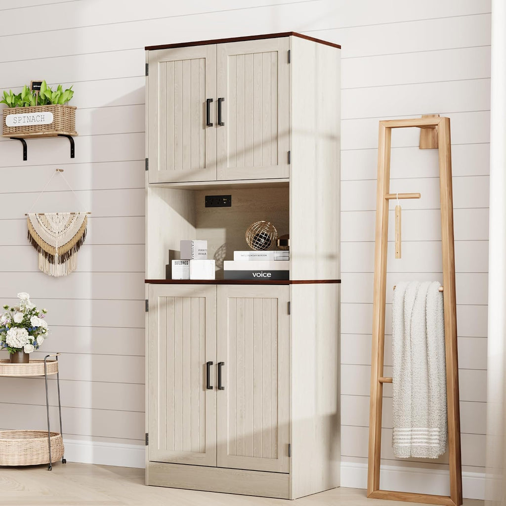 MHOM 71' Tall Pantry Cabinet with Charging Station, Farmhouse Kitchen Hutch with Adjustable Shelves, Modern Kitchen Pantry Storage Cabinet for Dinning Room & Living Room, Antique Oak
