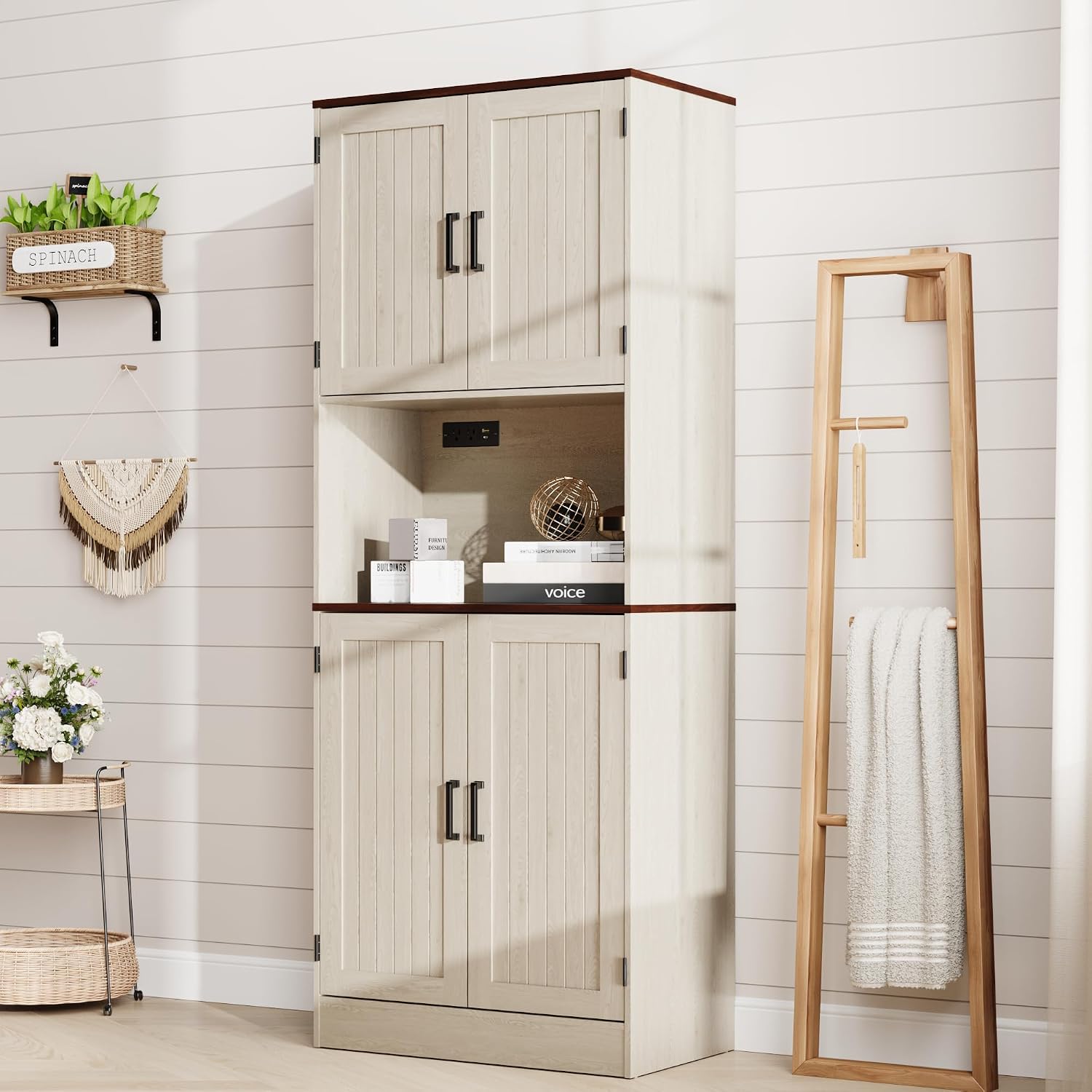 MHOM 71' Tall Pantry Cabinet with Charging Station, Farmhouse Kitchen Hutch with Adjustable Shelves, Modern Kitchen Pantry Storage Cabinet for Dinning Room & Living Room, Antique Oak