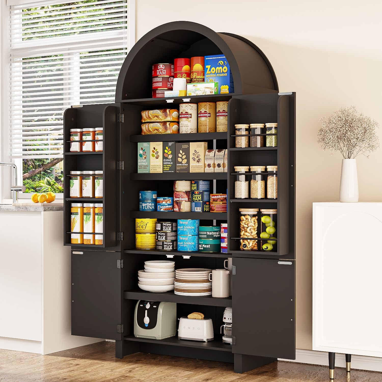 Arched Cabinet, 71' Tall Arched Kitchen Pantry Storage Cabinet with Doors, Modern Fluted Kitchen Storage Cabinet with Adjustable Shelves, Black Cupboard for Kitchen, Dining Room, Bathroom