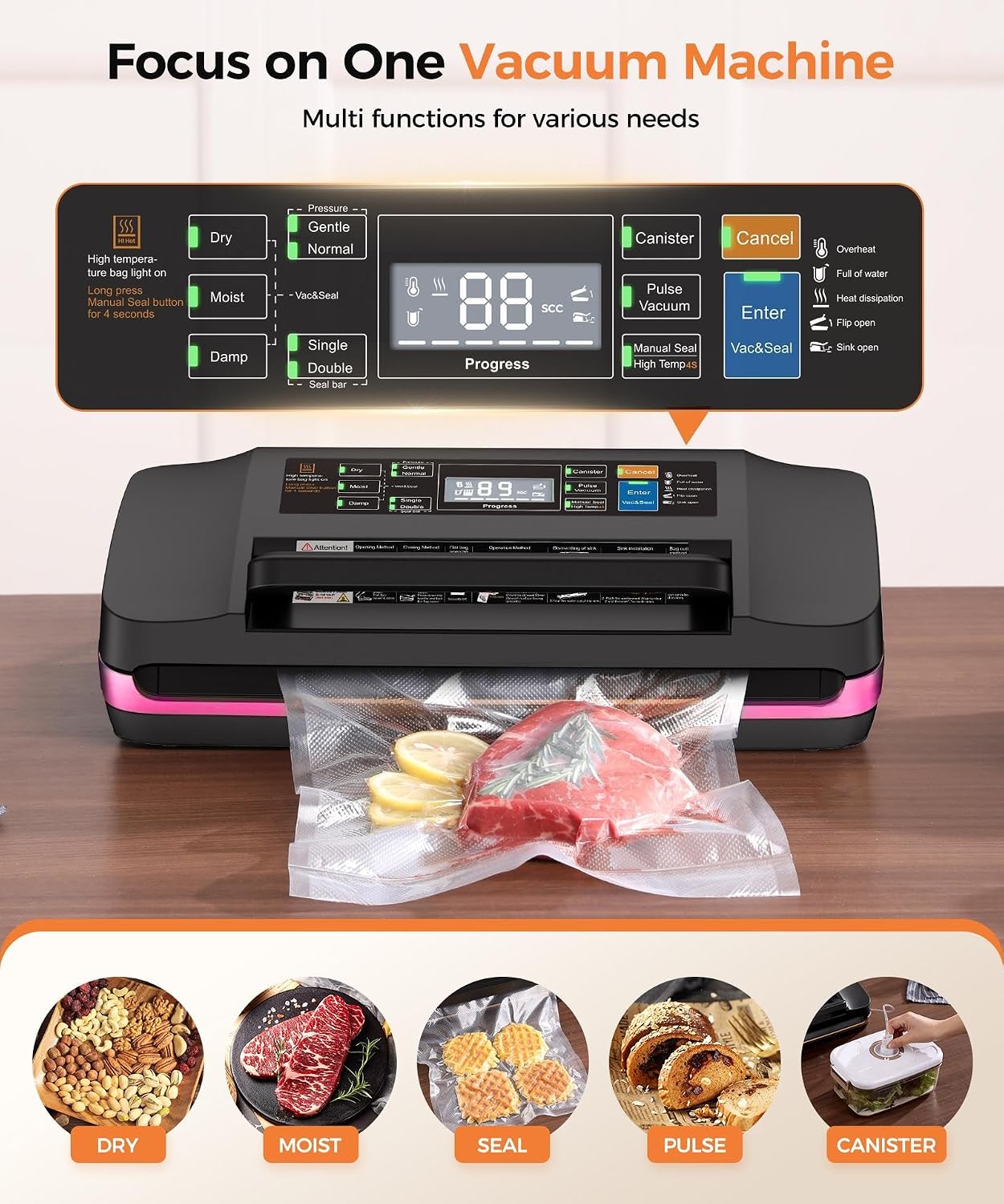 95kpa Vacuum Sealer Machine,Commercial Full Automatic Food Sealer,Powerful Sealing System with Double Heat Seal,Bags Storage, Easy-Lock Handle,Build-in Cutter,1 Bag Rolls and 10 pcs Pre-cut Bags(Pink)