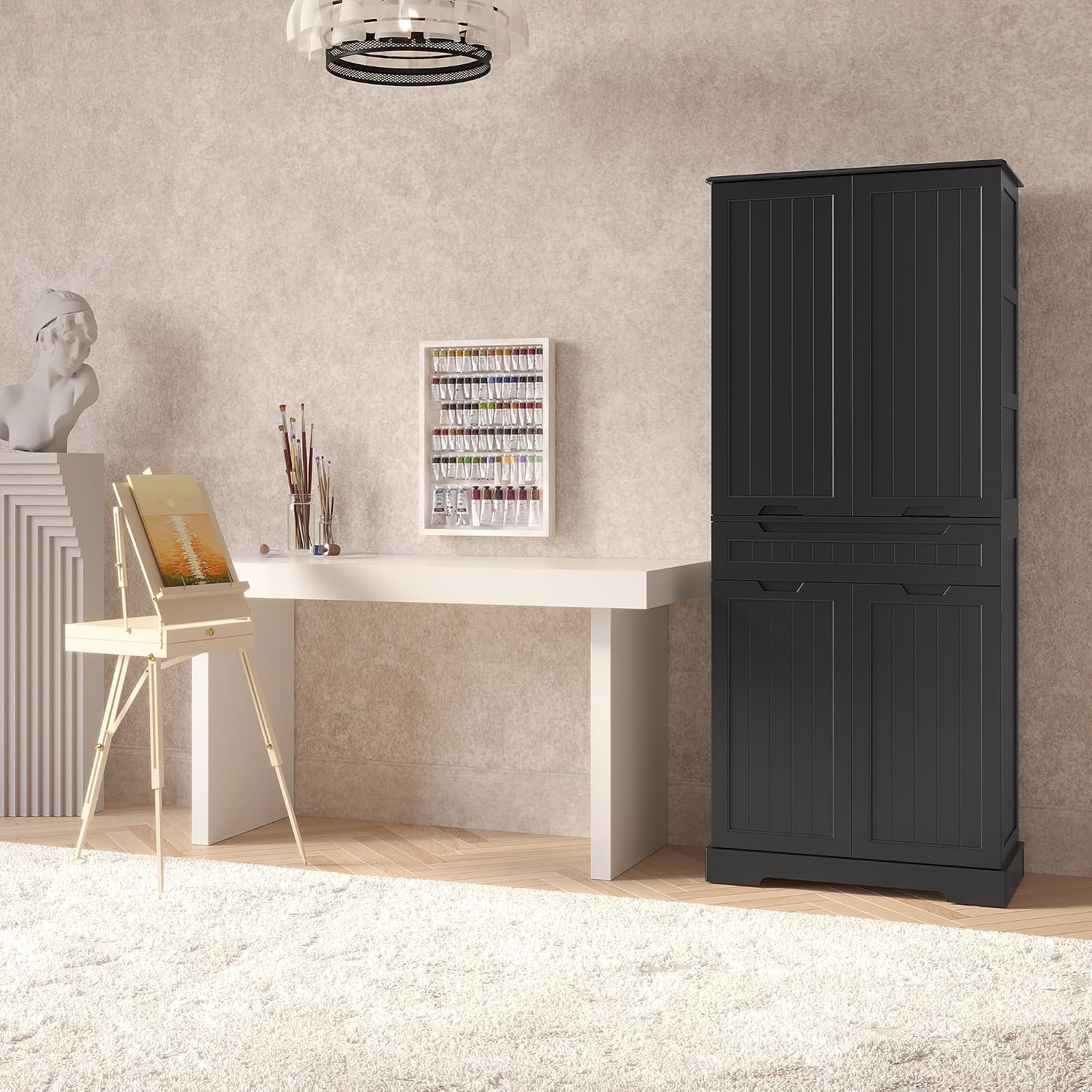 Gizoon 70' Tall Kitchen Pantry Cabinet with Doors and Adjustable Shelves, 5-Tier Multipurpose Pantry Storage Cabinet with Drawer Freestanding Organizer for Small Kitchen Bathroom Laundry Room, Black