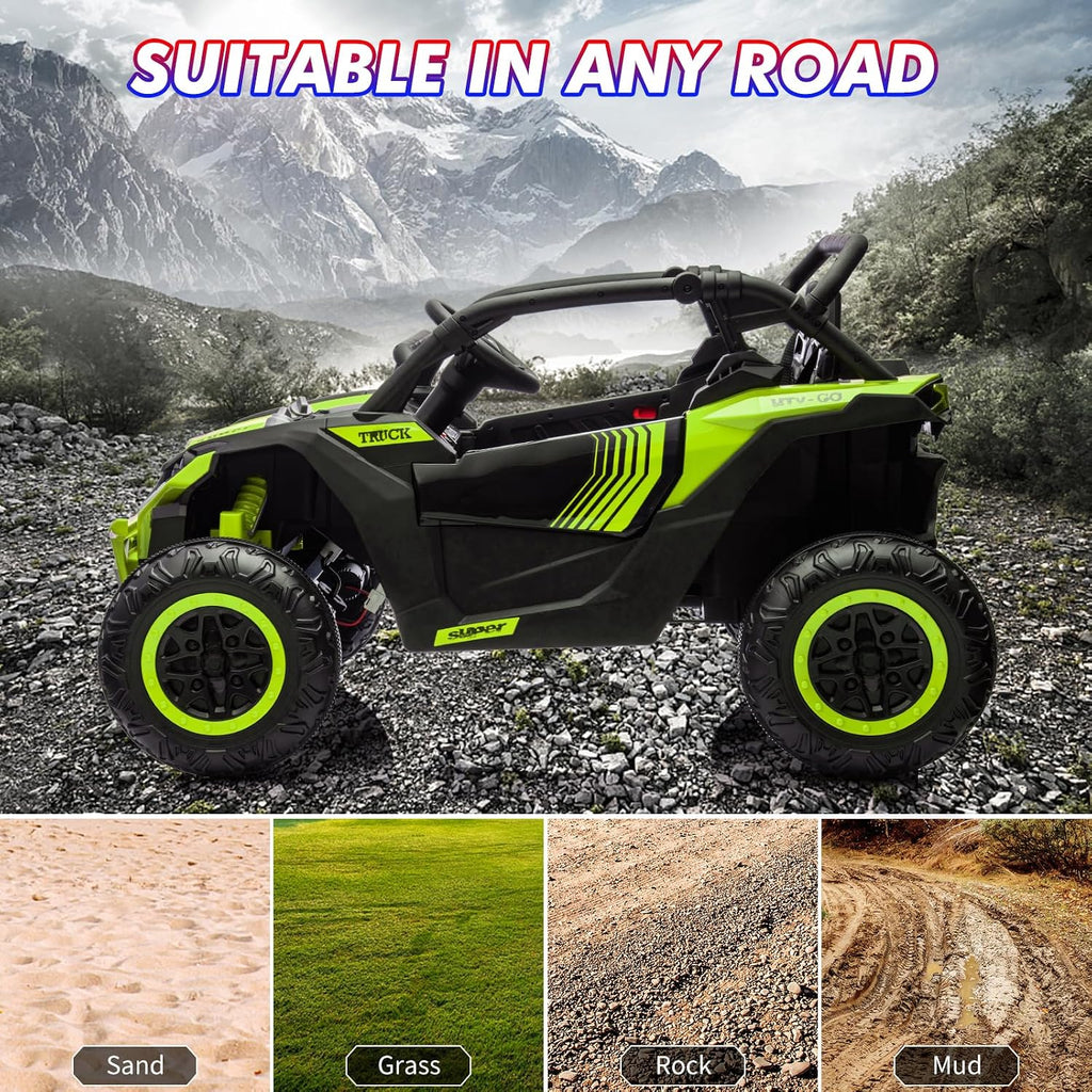 GarveeLife 24V Ride On Utv for Kids, 2 Seater 4WD Electric Truck with Remote Control, High and Low Speed Adjustment, Led Lights,4-Wheel Shock Absorption, One Click Start, Music Player (Green)