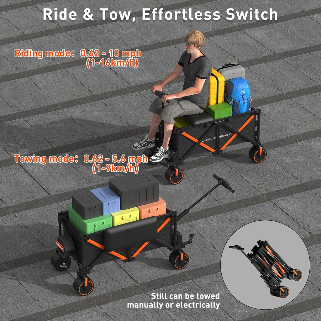 WISELD GT3 Electric Wagon Cart with Seat*1 Battery*1, Dymanic Load 551LBS/Static 772LBS Wagon, Reverse Function, Precision Steering, 2 Modes for Shopping, Sports, Garden, Camping