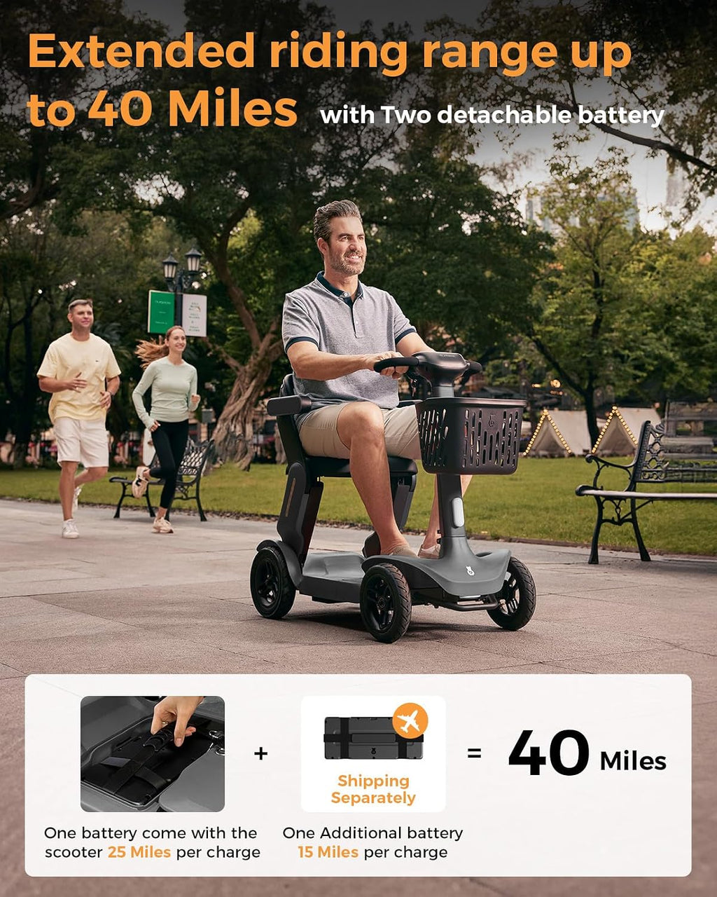 Paiseec S3 Pro Mobility Scooters for Adults, 40 Miles Long Lasting Mobility Scooter, Lightweight Travel Scooter for Seniors, 300 lbs Capacity, AI Speed Control, 250W Motor (Grey-40miles-S3)