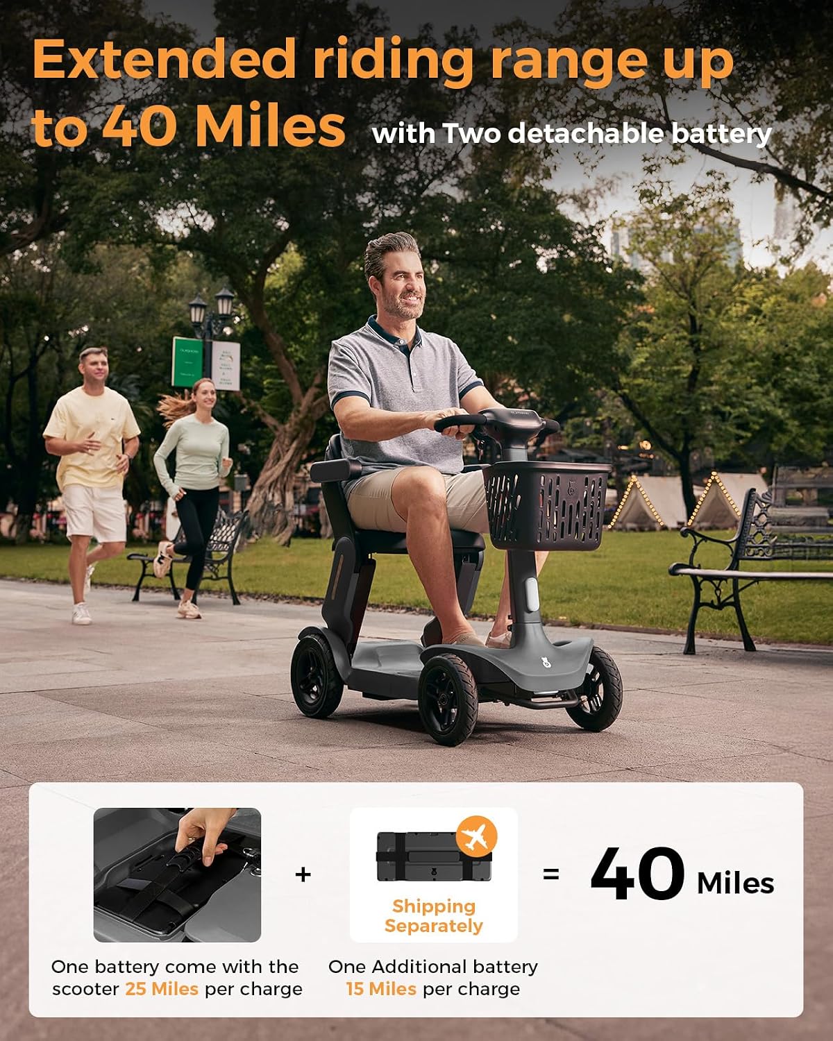 Paiseec S3 Pro Mobility Scooters for Adults, 40 Miles Long Lasting Mobility Scooter, Lightweight Travel Scooter for Seniors, 300 lbs Capacity, AI Speed Control, 250W Motor (Grey-40miles-S3)