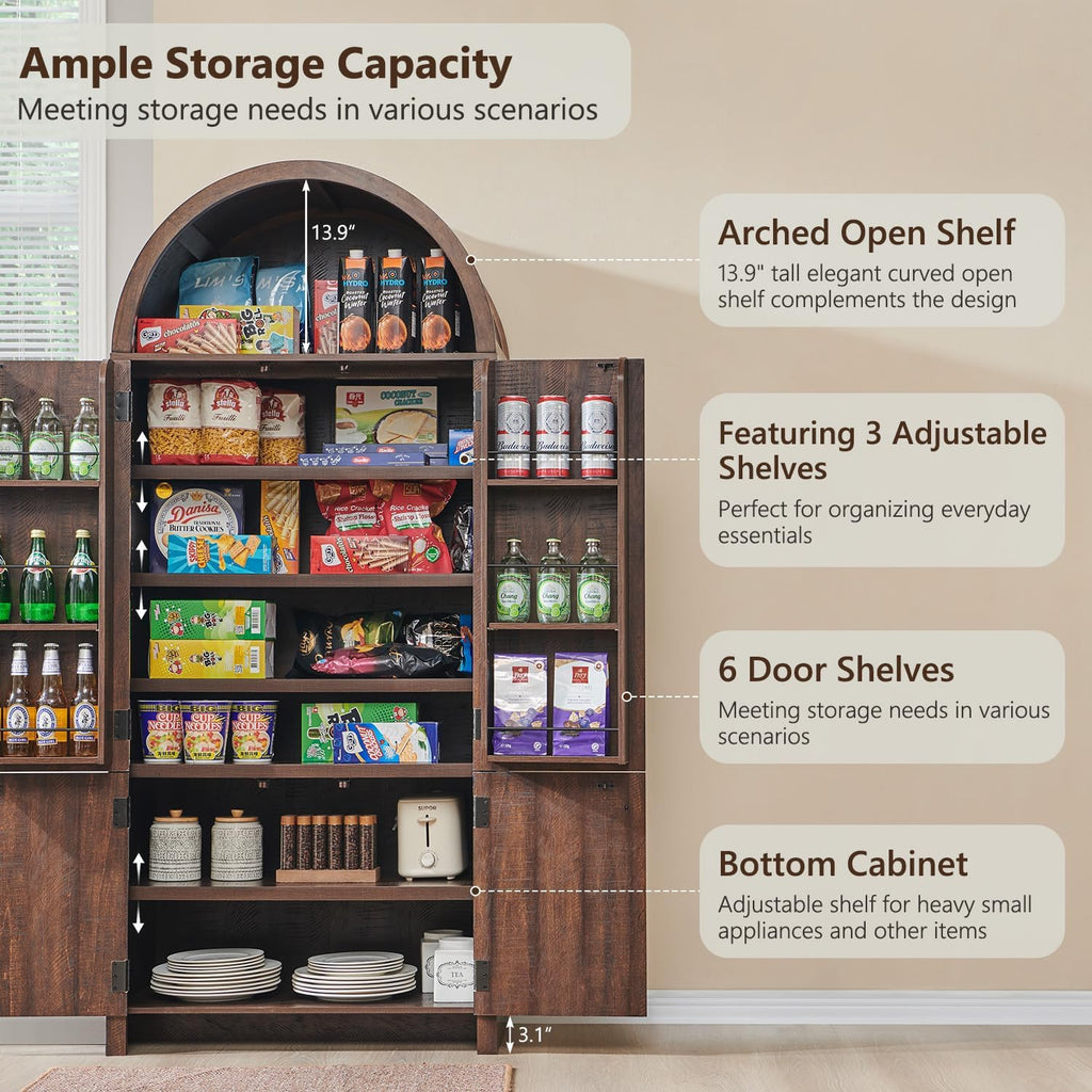 IFBUY 71' Tall Arched Bathroom Storage Cabinet, Modern Fluted Storage Cabinet w/Doors, 3 Adjustable Shelves, 6 Door Shelves, Wood Freestanding Cabinet for Bathroom, Entryway, Hallway, Brown