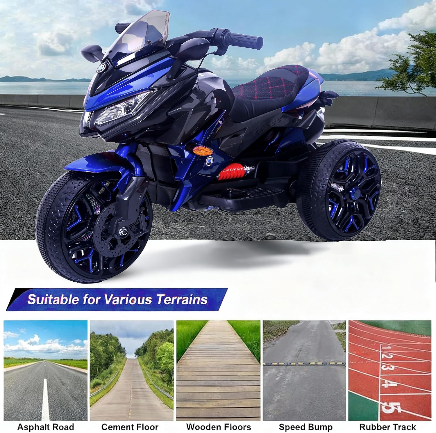 12V Kids Electric Motorcycle with Training Wheels | Plastic, PU seat, manual throttle, foot brake, USB, MP3, phone link, light-up wheels, ages 3-6, 45.3 W x 23.2 D x 28.7 H in
