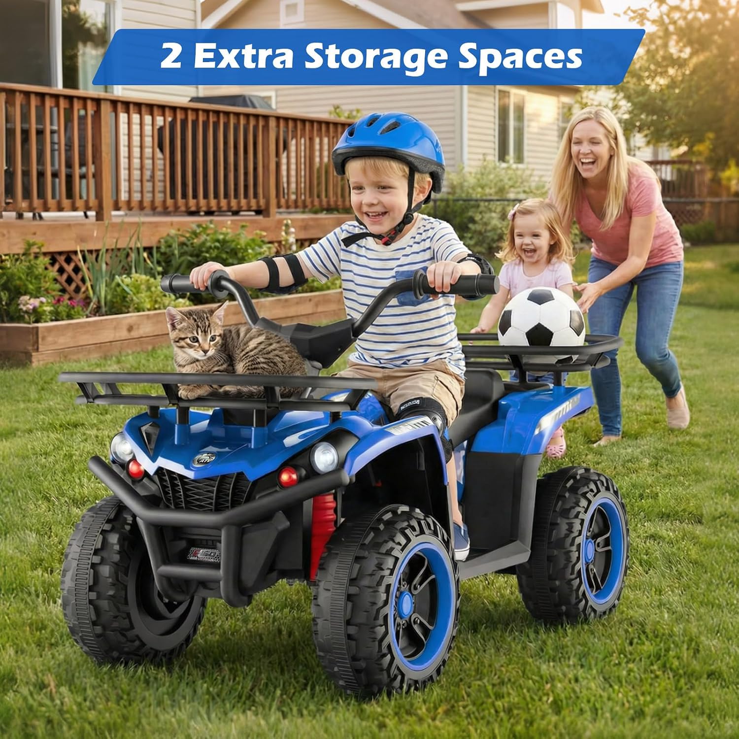 OLAKIDS 12V Kids ATV Quad with 2 Speeds, Spring Suspension, LED Lights, Music & Story Player, Big Tires, 2 Storage Spaces, Ride On Car for Boys Girls Ages 3+(12V, Blue)