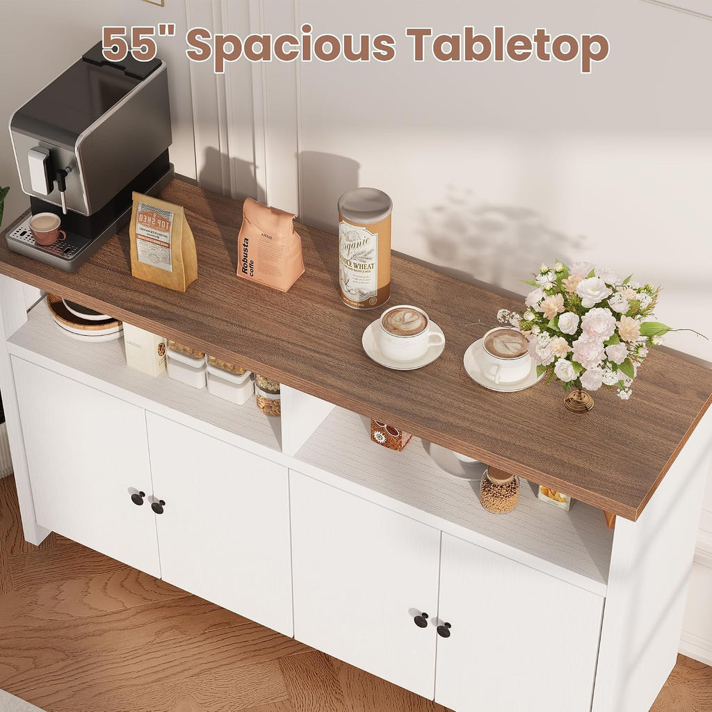 Garvee Sideboard Buffet Cabinet with Storage, 55'' Large Farmhouse Kitchen Storage Cabinet with 4 Doors & Adjustable Shelves, Wood Coffee Bar Cabinet for Dining Room, Entryway, Living Room, White