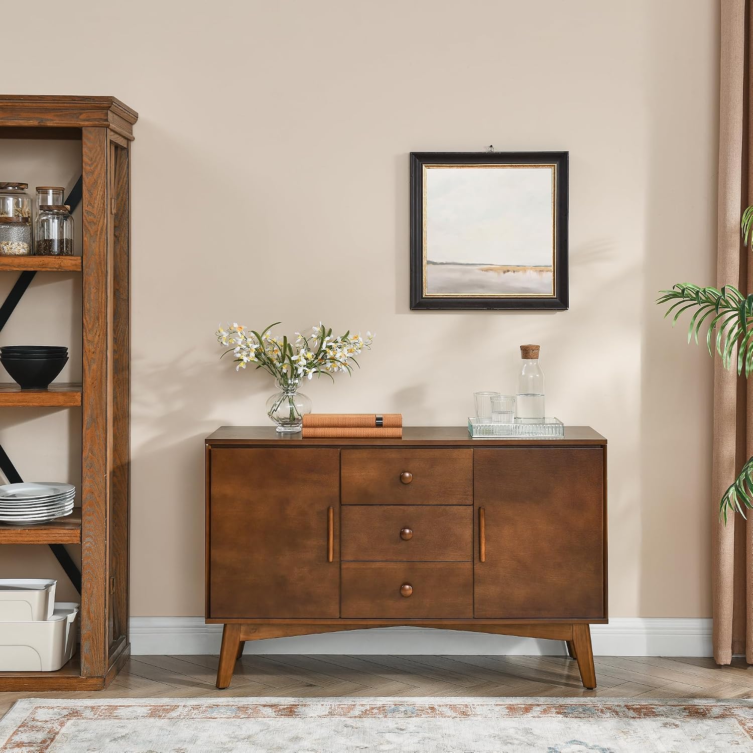 KEIKI Wood Sideboard Buffet Cabinet with Storage, Farmhouse Cupboard with 3 Drawers and Adjustable Shelves, Accent Console Table for Kitchen Dining Living Room, Walnut