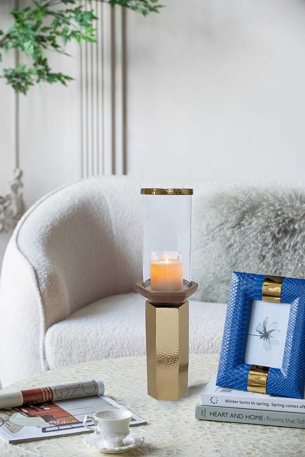 A&B Home Hammered Gold Candle Holder- Aluminum Candle Holder with Hurricane Glass, Decorative Tabletop Lighting, Living Room Coffee Table Accent Piece Dining Table Centerpiece, 5' x 5' x 18'