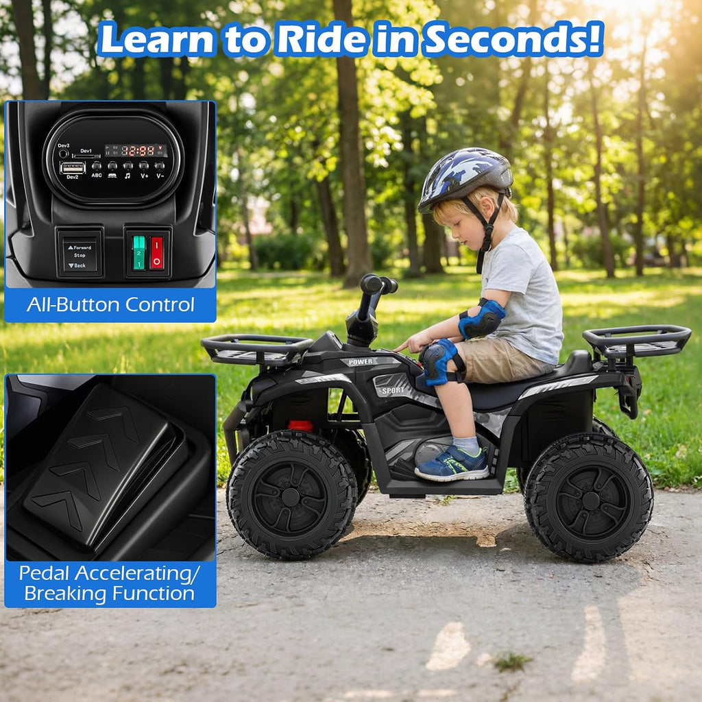 OLAKIDS 24V Kids ATV Quad with 2 Speeds, Spring Suspension, LED Lights, Music & Story Player, Big Tires, 2 Storage Spaces, Ride On Car for Boys Girls Ages 3+ (24V, Dark)