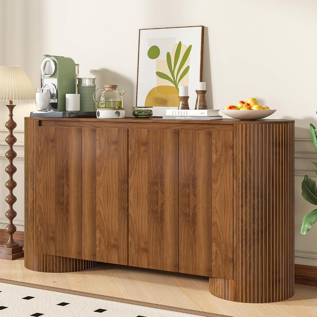 Sideboard Buffet Cabinet with Storage, 60' Modern Credenza Storage Cabinet with 4 Doors and Adjustable Shelves, Large Oval Buffet Table for Kitchen, Living Room (Walnut)