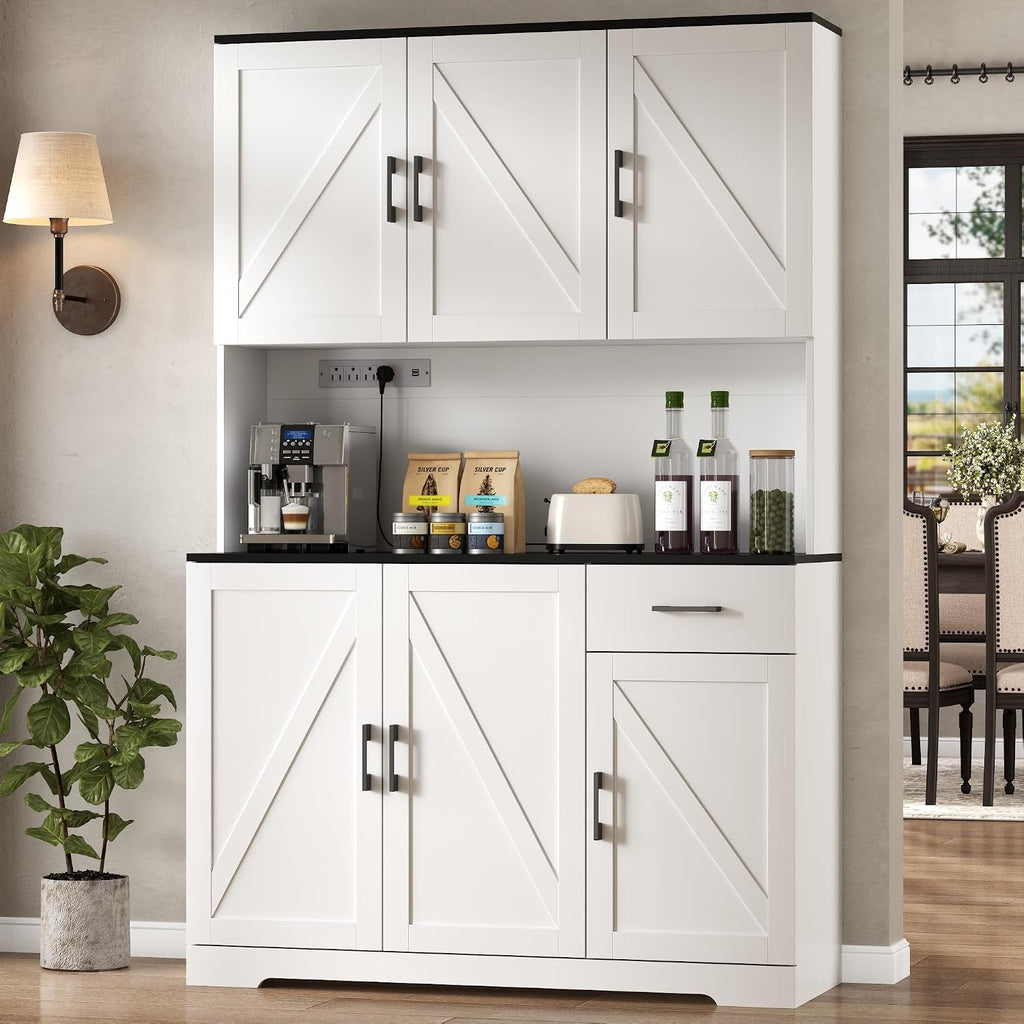 71' Tall Kitchen Pantry Storage Cabinet with Charging Station,Farmhouse Buffet Cabinet with Microwave Shelf,Large Kitchen Hutch Cabinet Doors & Drawer,Food Pantry for Dining Room,Living Room (White)