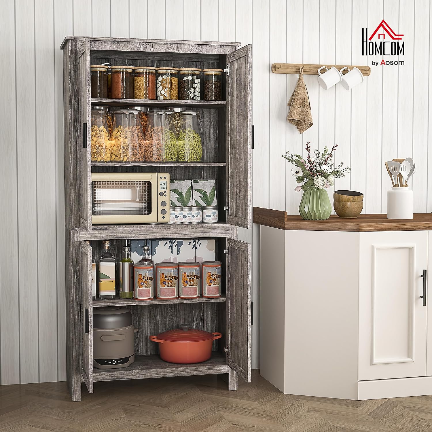 HOMCOM 64' Kitchen Pantry Cabinet, Freestanding Storage Cabinet with 4 Doors and 3 Adjustable Shelves for Dining Room, Gray Oak
