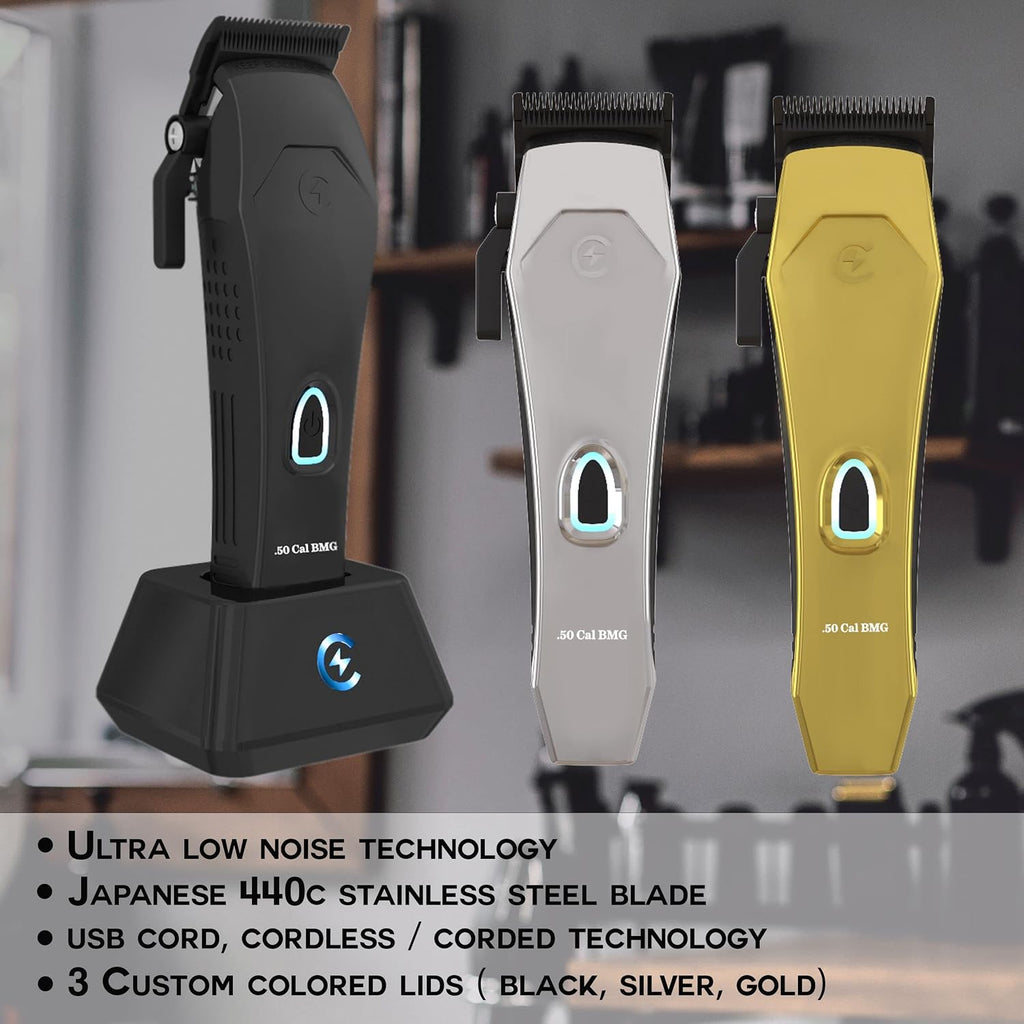 Caliber Pro - .50 Cal BMG Clipper - Professional Cordless Magnetic Motor Clippers - Quiet Operation Trimmer - Rechargeable Powerful Battery - Easy Zero Gap Cut - Hair Grooming Tool for Men