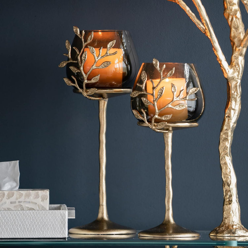 A&B Home Olive Branch Candle Holder - Glass Candle Holder with Gold Metal Base, Decorative Tabletop Lighting, Living Room Coffee Table Accent Piece Dining Table Centerpiece, 6' x 6' x 13'