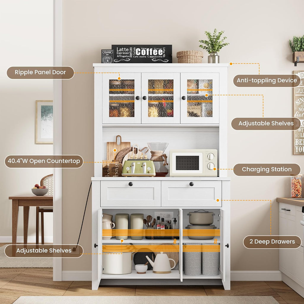 Pantry Cabinet with Charging Station, Farmhouse Kitchen Pantry Storage Cabinet with Countertop, Large Kitchen Hutch with Storage Drawers and Adjustable Shelves & Water Ripple Design for Dining Room,