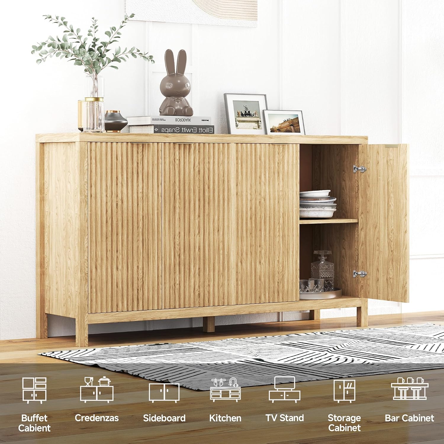 Real Relax Fluted Buffet Cabinet with Storage, Modern Sideboard with 4 Doors, 3 Adjustable Shelves, Large 55'' Kitchen Credenza Coffee Bar Cabinet, Console Cabinets for Living, Dinning Room, Natural