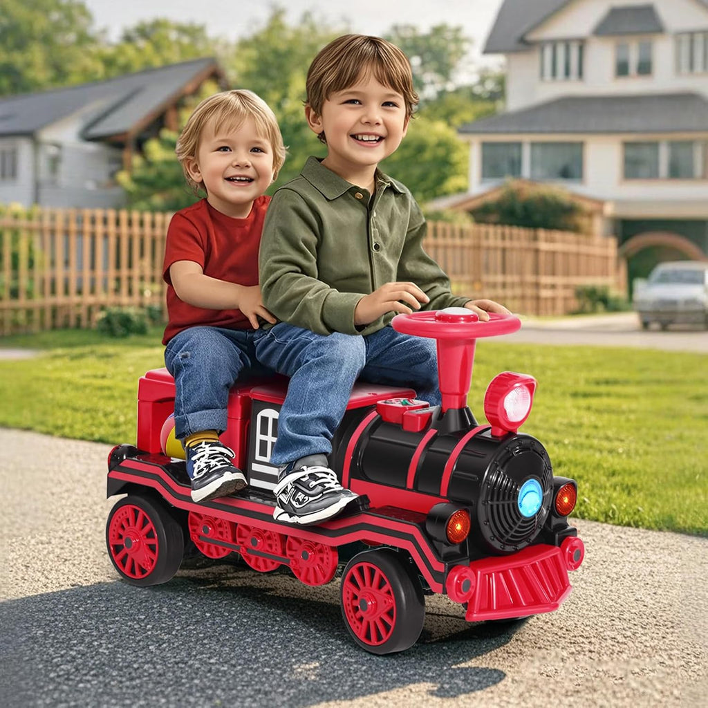JOYLDIAS 2 Seater Ride On Train, 12V Kids Ride On Toy with Music, Train Honk, Lights, High/Low Speed and Storage, Electric Car for Kids Aged 3+, Red
