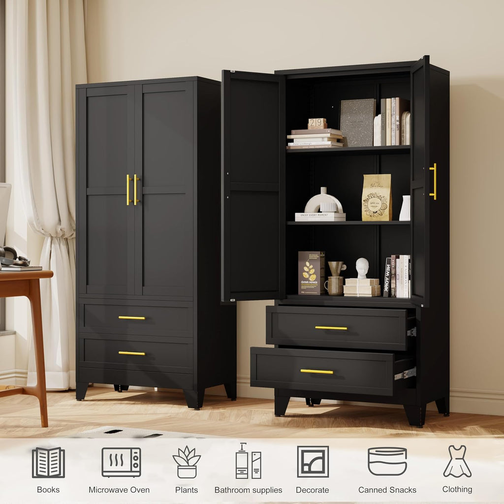 GAIOUS 71' Tall Metal Pantry Cabinet, Steel Storage Cabinets with 2 Drawers | 2 Adjustable Shelf and 2 Doors, Used as Kitchen cabinet, Freestanding Cupboard for Kitchen, Office, Living Room (Black)