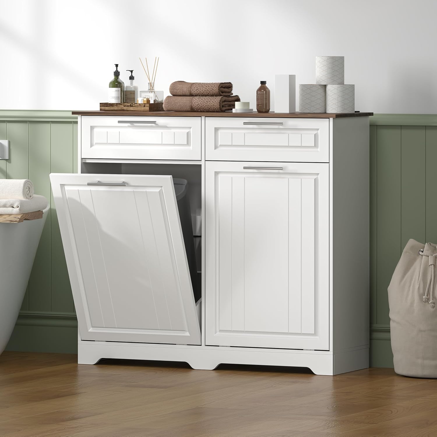2 x 10 Gallon Double Tilt Out Trash Can Cabinet with Deodorizing Function & Charging Station, Hidden Laundry Hamper Cabinet with Storage Drawers, Garbage Can Holder for Kitchen, Bathroom, White