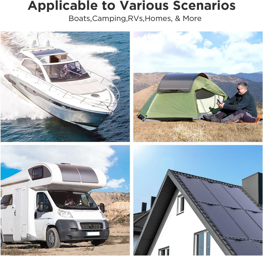 200W Flexible Solar Panel Kit (2x100W), All-Black Stealth Edition, High-Performance ETFE Monocrystalline Modules, 12V/24V System for RV, Motorhome, Boat, Van, Camper