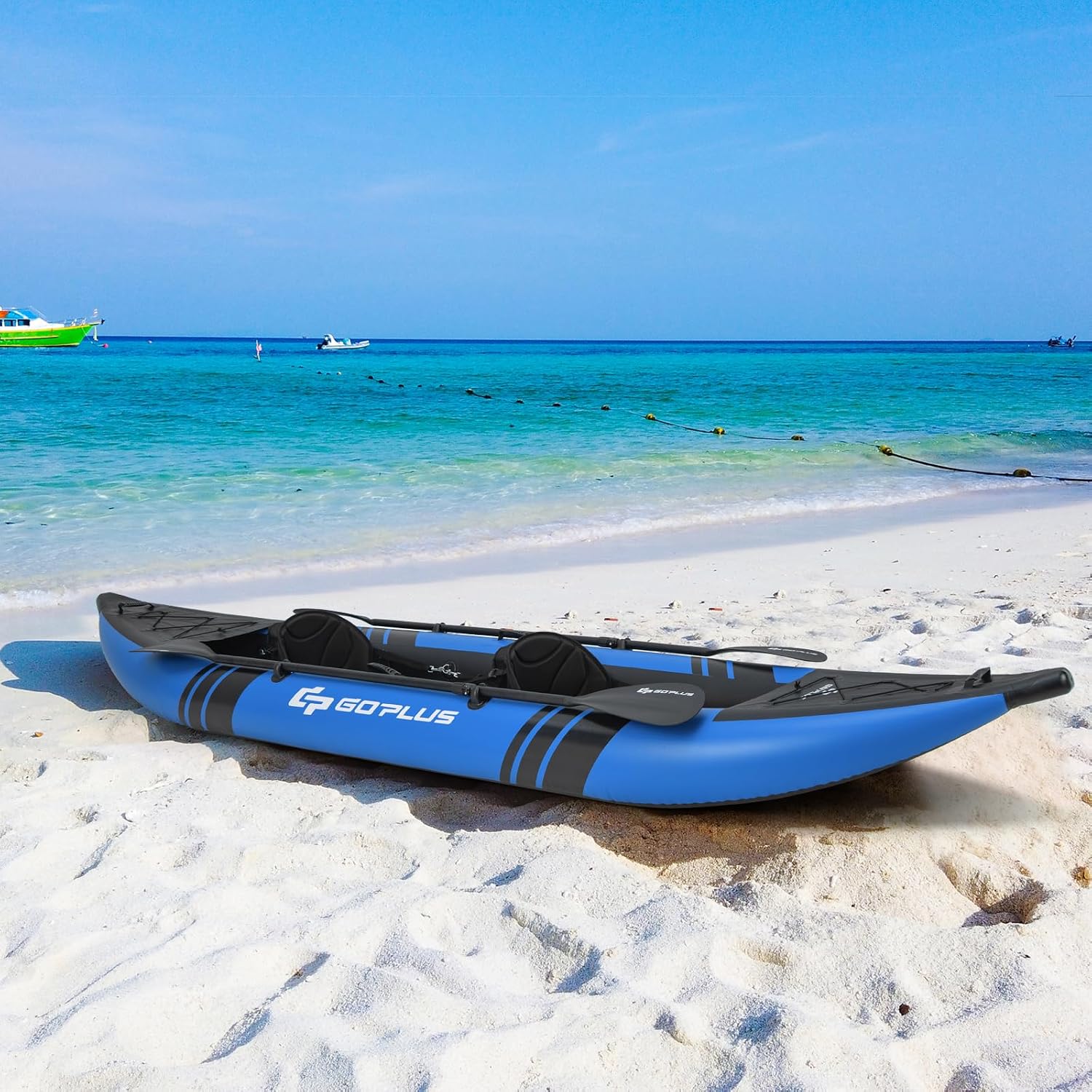 Goplus Tandem Inflatable Kayak, 12.5FT 2-Person Kayak for Adults w/507 LBS Weight Capacity, 2 Aluminium Oars, Padded Seat, 2 Fins, Hand Pump, Carry Bag, Repair Kit, Portable Touring Kayaks