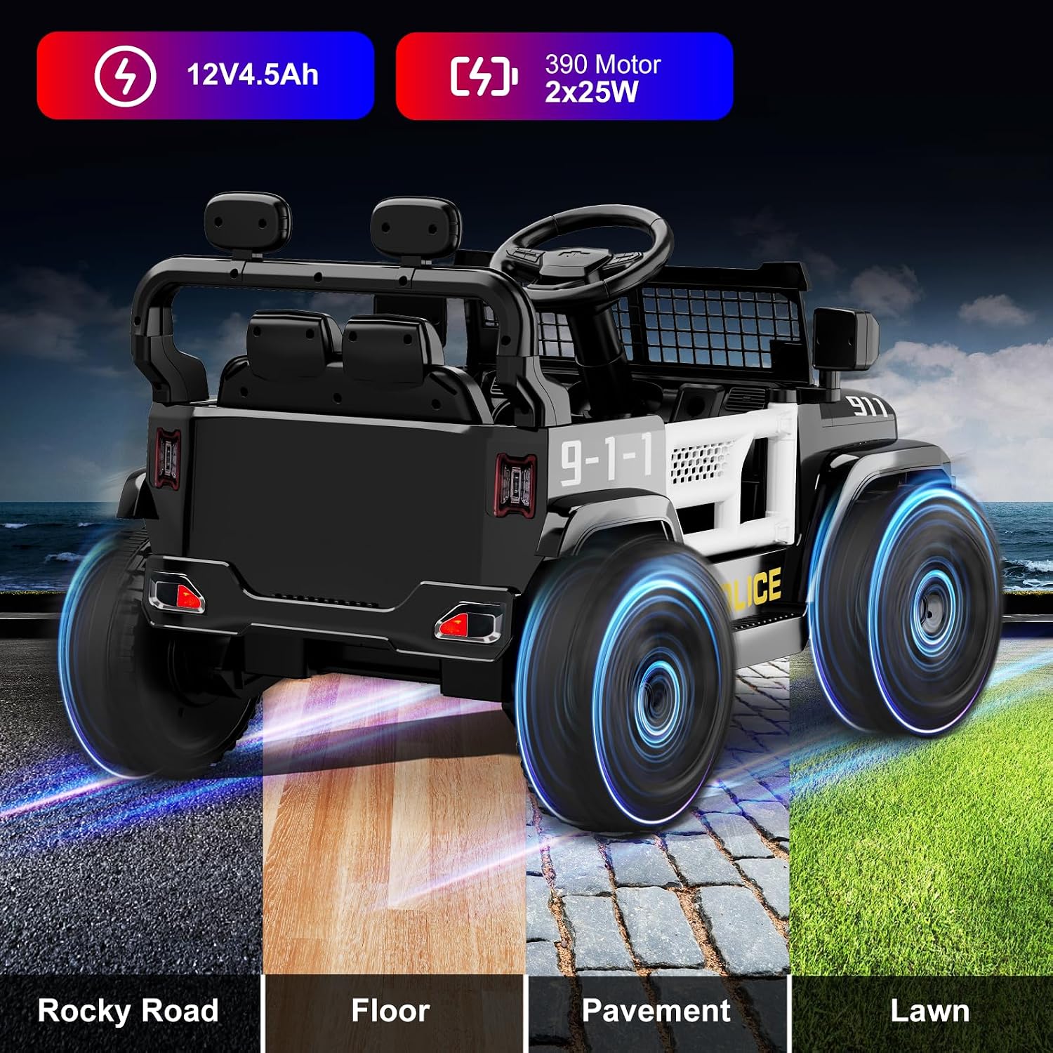 12V Ride on Car with Parent Remote Control, Toddler Police Electric Car with Spring Suspension, LED Lights & Music Player - Safe Battery Toy for Kids, Christmas & Birthday Gift
