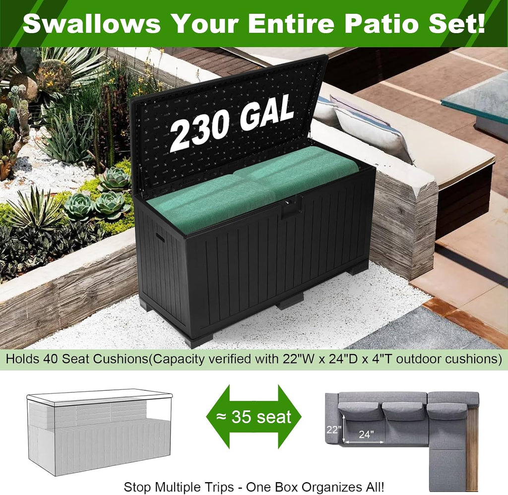 230 Gallon Outdoor Storage Box, Waterproof Extra Large Resin Deck Box with Lockable Lid for Patio, Pool Equipment, and Cushions, Black