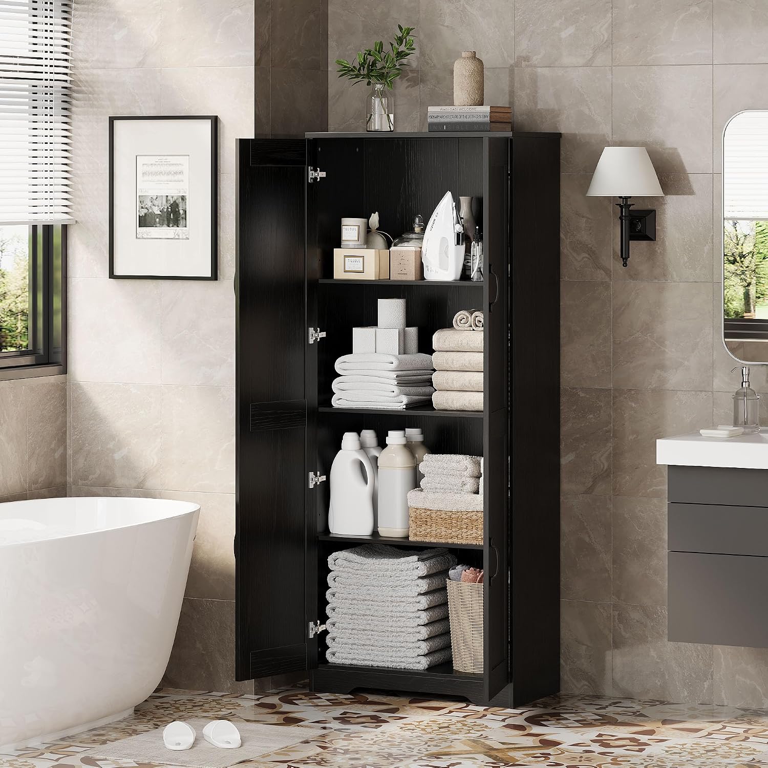 GAOMON Adjustable Shelf Storage Cabinet 60' Tall Black, 2-Door Pantry with Shelves for Kitchen Organization, Bathroom Storage, Living Room