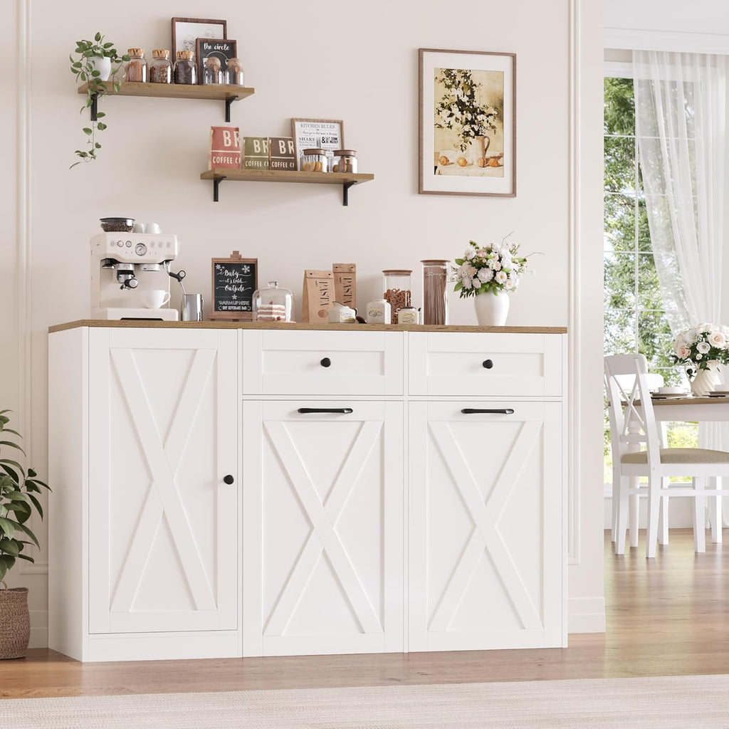 HOSTACK 12.5 Gallon Kitchen Trash Cabinet, 47' Double Trash Can Cabinet, Large Pull Out Can Storage Drawers, Wood Farmhouse Hidden Garbage Storage Buffet for Kitchen, Dining Room, White
