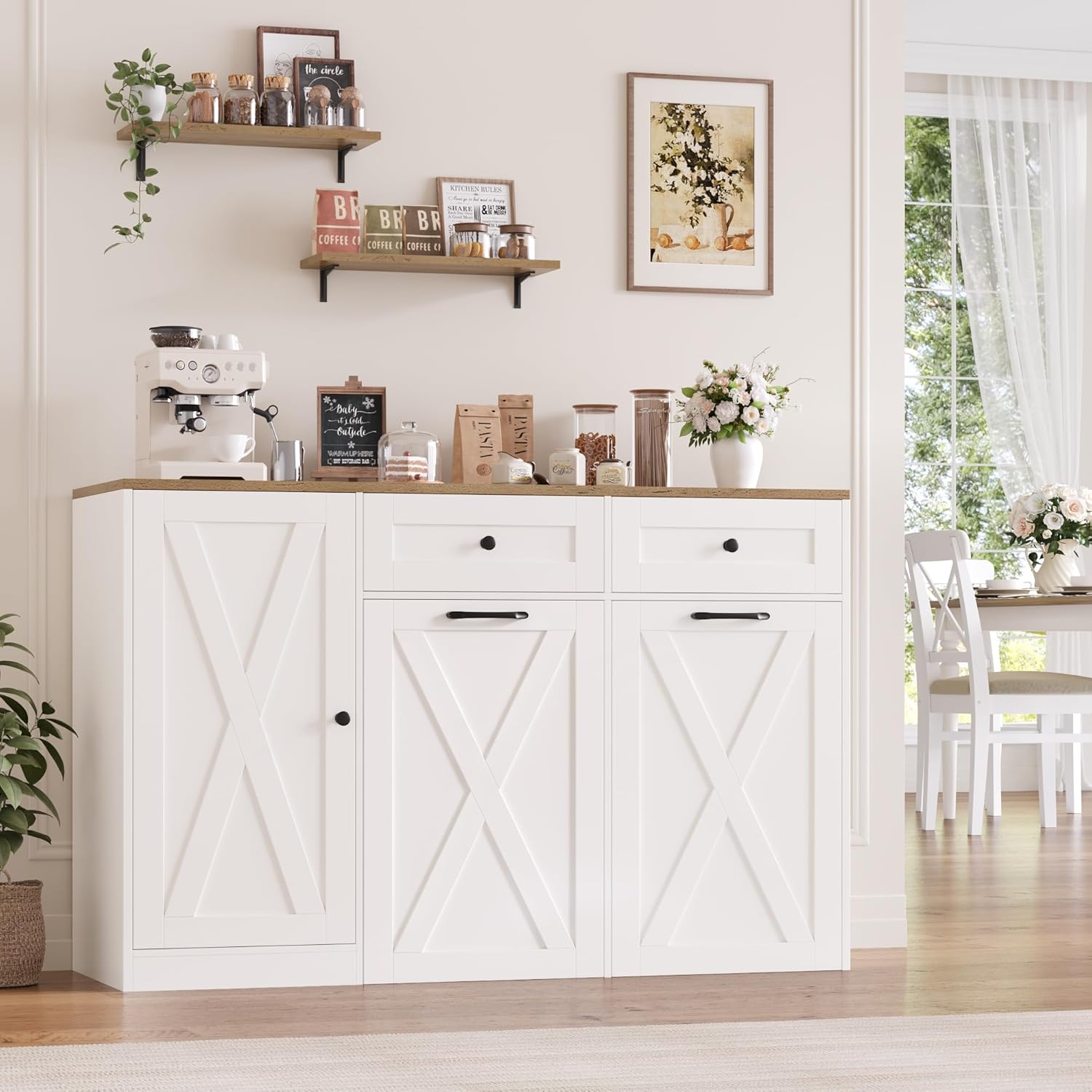 HOSTACK 12.5 Gallon Kitchen Trash Cabinet, 47' Double Trash Can Cabinet, Large Pull Out Can Storage Drawers, Wood Farmhouse Hidden Garbage Storage Buffet for Kitchen, Dining Room, White