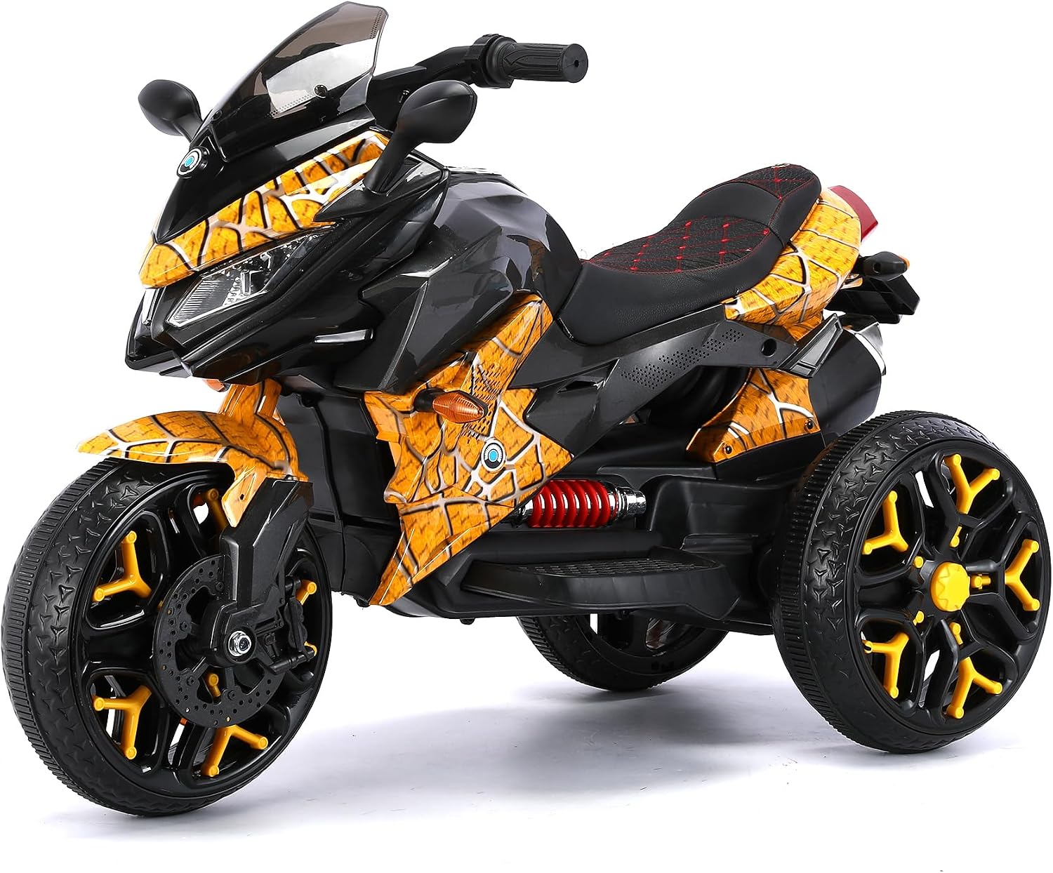 12V Kids Electric Motorcycle with Training Wheels | Plastic, PU seat, manual throttle, foot brake, USB, MP3, phone link, light-up wheels, ages 3-6, 45.3 W x 23.2 D x 28.7 H in