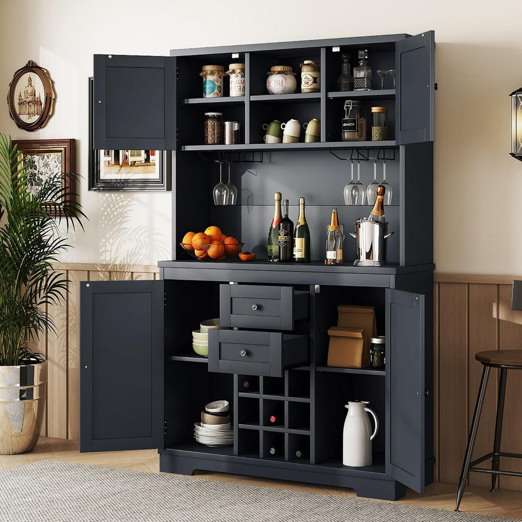 Farmhouse Wood Kitchen Pantry, Freestanding Coffee Bar Cabinet Kitchen Buffet Cabinet with Drawers, Adjustable Shelves and Wine & Glass Racks for Dining Room, Kitchen (Antique Blue-2.16)