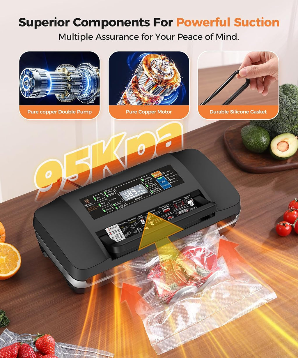 95kpa Vacuum Sealer Machine,Commercial Full Automatic Food Sealer,10-in-1 Sealing System with Double Heat Seal,Bags Storage, Easy-Lock Handle,Build-in Cutter,1 Bag Rolls and 10 pcs Pre-cut Bags