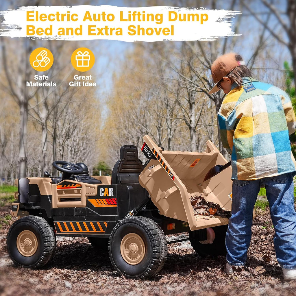 RunFast 24V 2 Seater Ride on Dump Truck for Kids,Electric Ride on Cars with Remote Control,2X75W Powerful Motors and Up to 4Mph,Electric Dump Bed,Extra Shovel,Music Player,Gift for Boy&Girl(Khaki,24V)